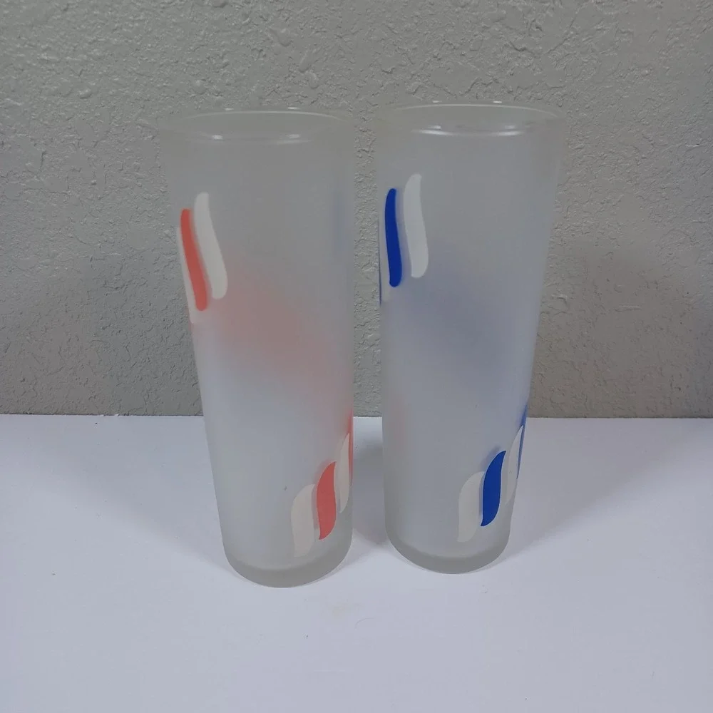 2‎ Libbey Frosted Tom Collins Glasses Blue Red Candy Stripes 12 OZS